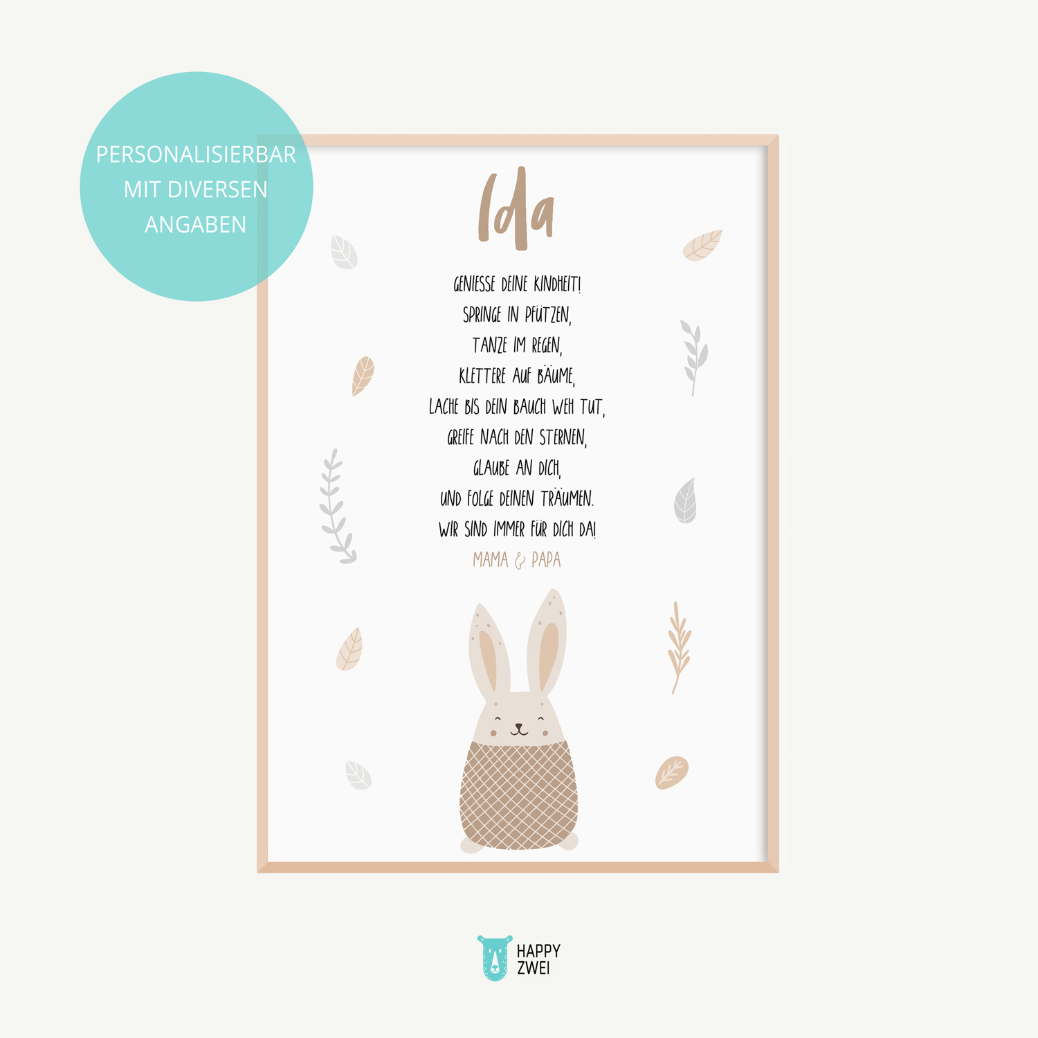 Namensposter Hase mit Spruch und Widmung